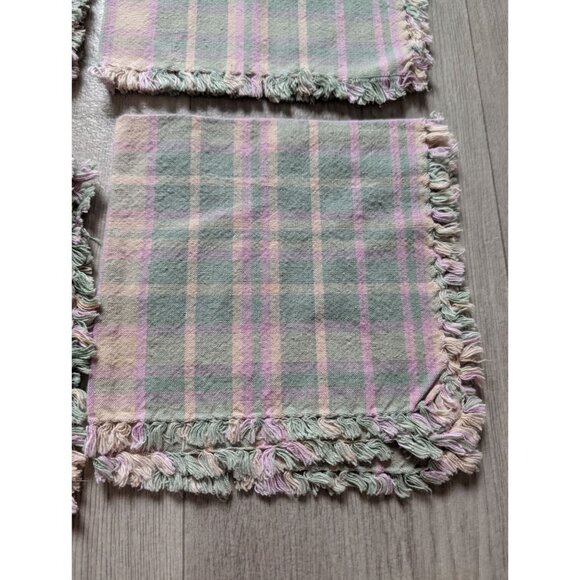 Set Of 6 Vintage Pastel Plaid Fringed Cotton Fabric Napkins 16"x16" Soft Home Dé - Picture 4 of 9